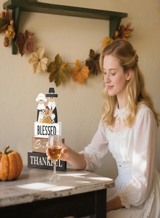 Quzzil 4 Pcs Thanksgiving Table Decor for Home Pilgrim Couple Wooden Signs with Blessed Thanksgiving Autumn Tiered Tray Decor Turkey Tabletop Centerpiece Grateful Block Signs for Office Kitchen Shelf - Image 4